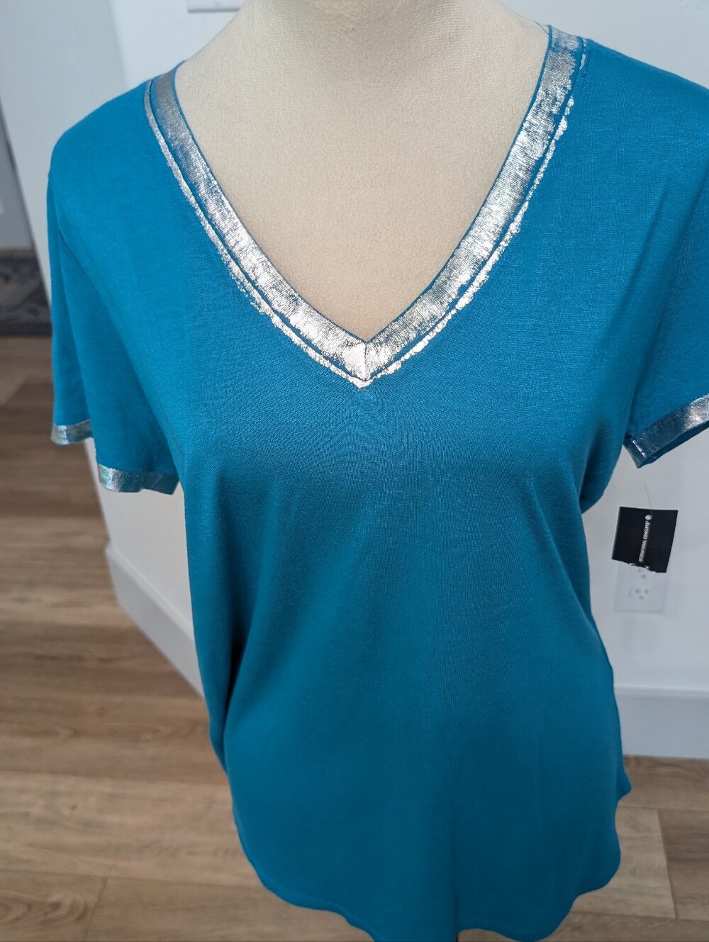 INC International Concepts Teal V-Neck Top with Silver Trim